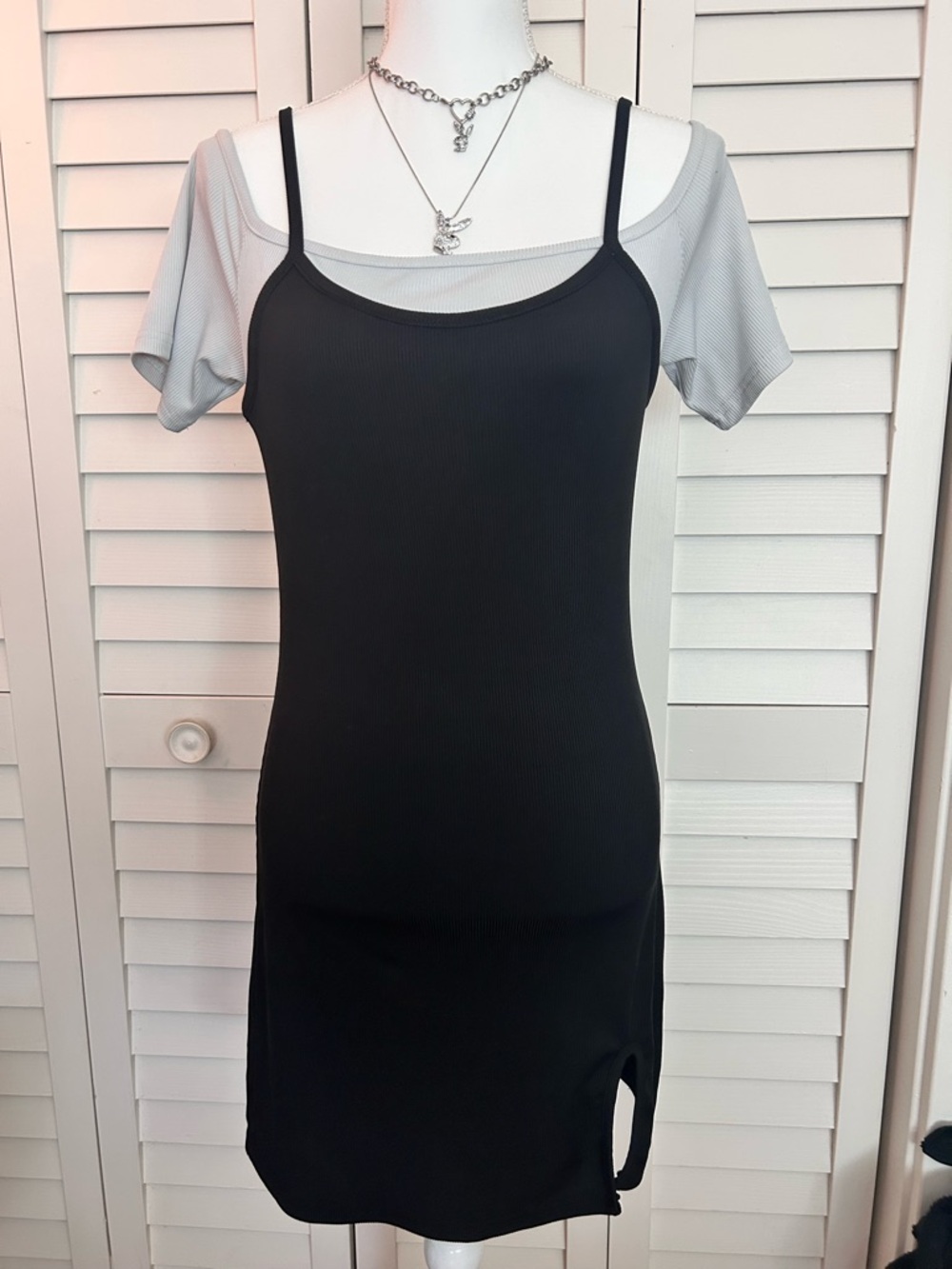 Black Layered Ribbed Slip Dress with Gray Off-Shoulder Under Tee, Size Large